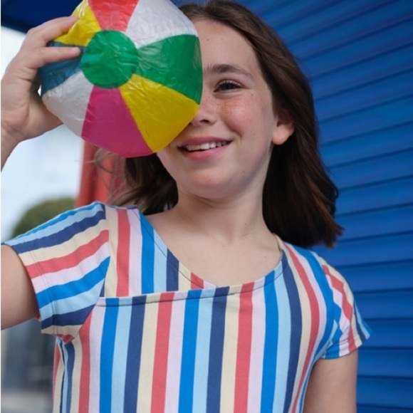 Tea Collection Girls Short Sleeve Wrap Neck Dress size 7 cotton striped blue - Picture 3 of 4
